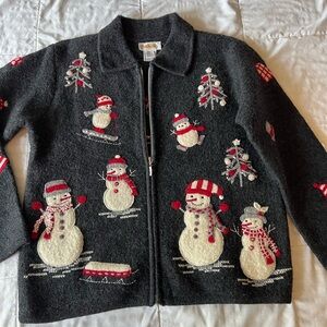 Wool Crewel Winter Theme Cardigan Sweater S Gray Talbots Red 3D appliqué Vtg